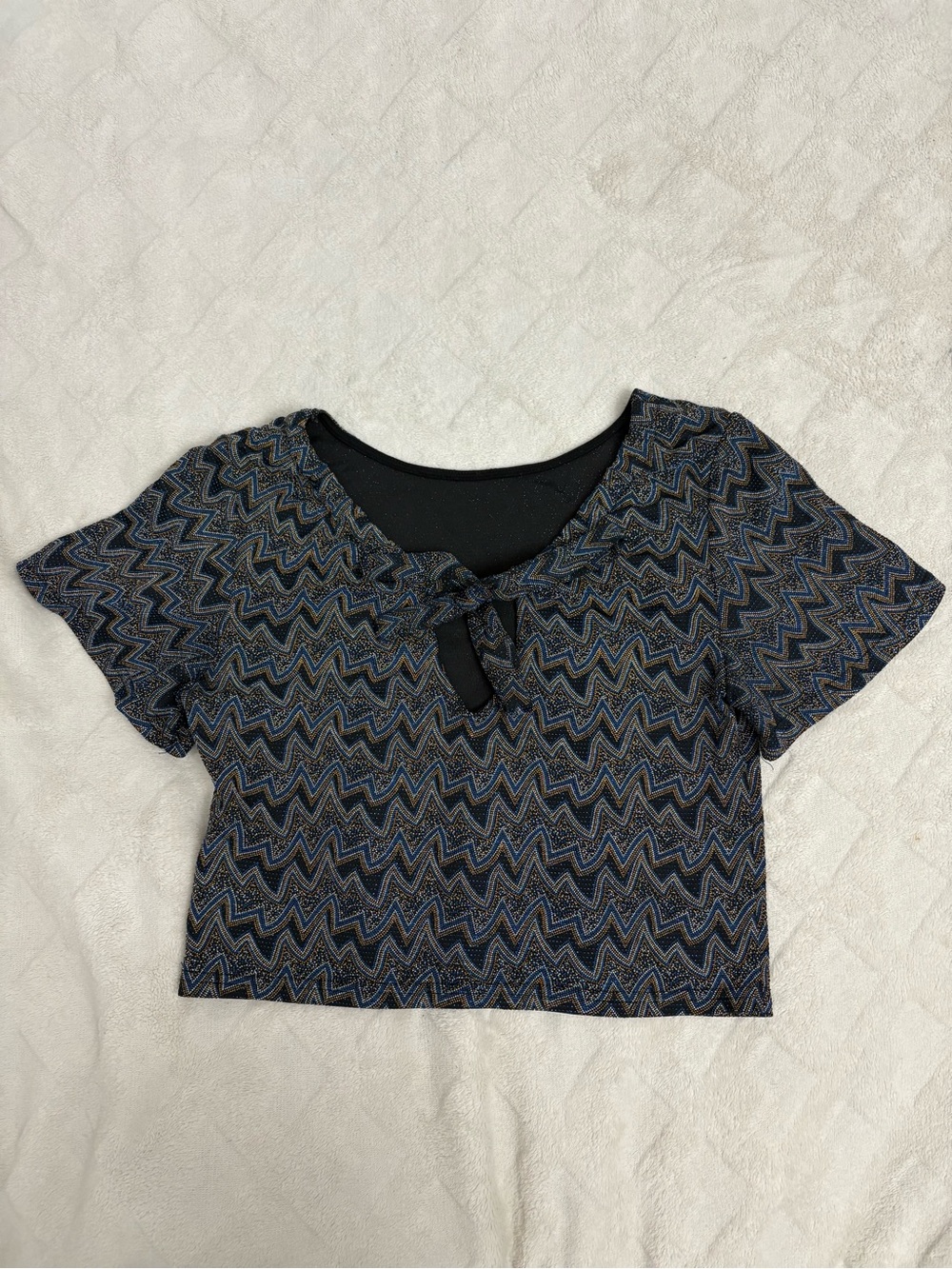 Zara Glitter Black Top with Blue Zigzag Crop and Front Tie